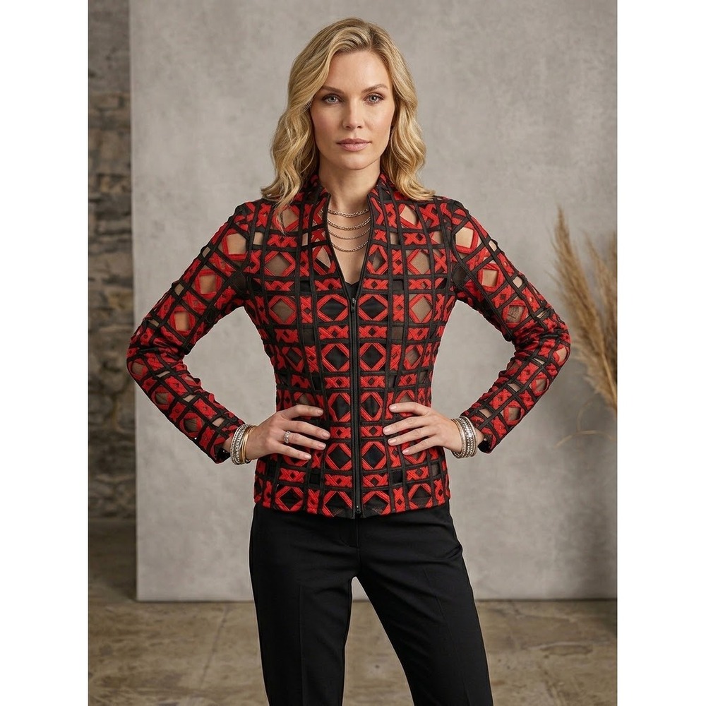 T&W Designs Red Black Lattice Cage Mesh Zip Front Jacket Small